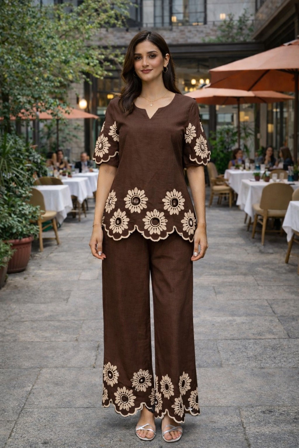 Women's Cotton Embroidered Chain Stitch Co-Ord Set with V-Neck Top and Pant - Fully Stitched