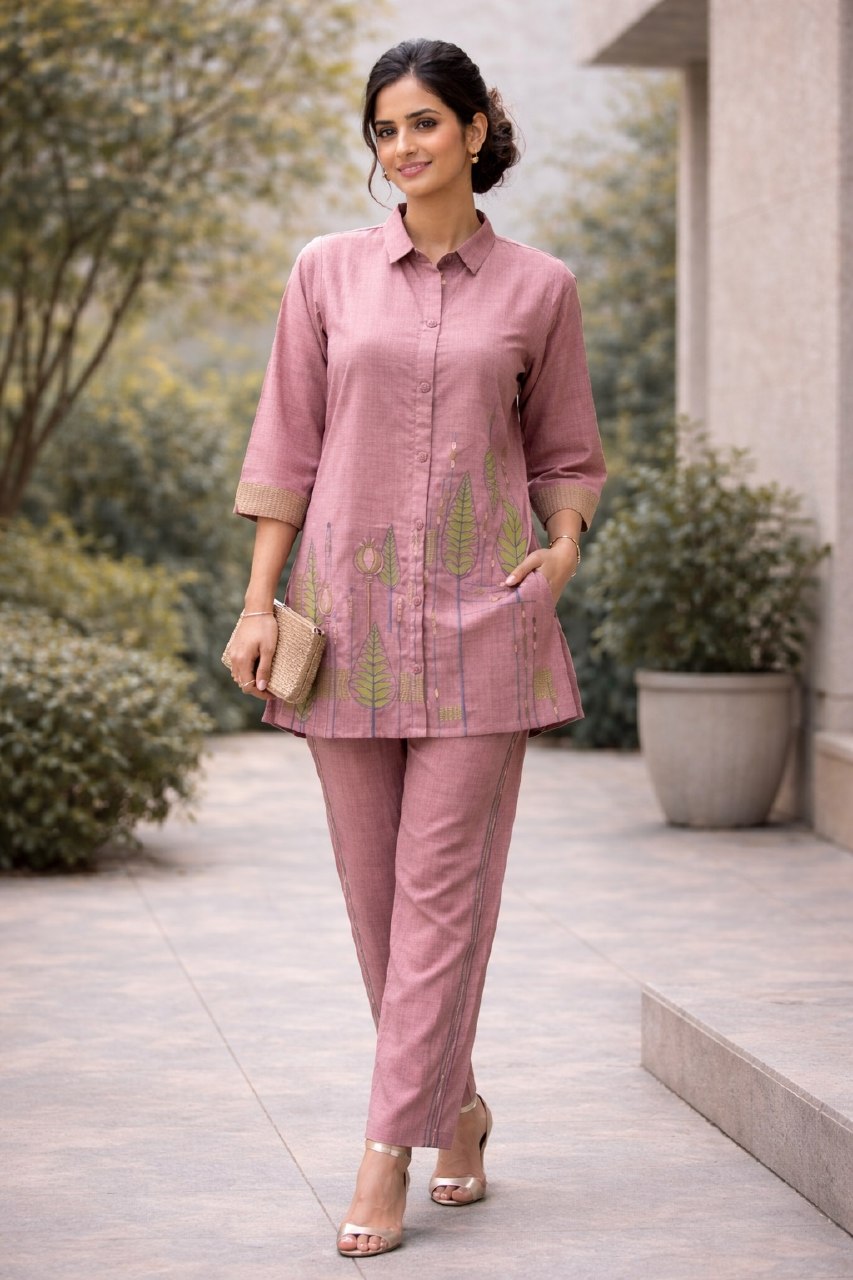 Women's Poly Linen Cotton Embroidered Co-Ord Set with Shirt Collar Top and Pant - Fully Stitched