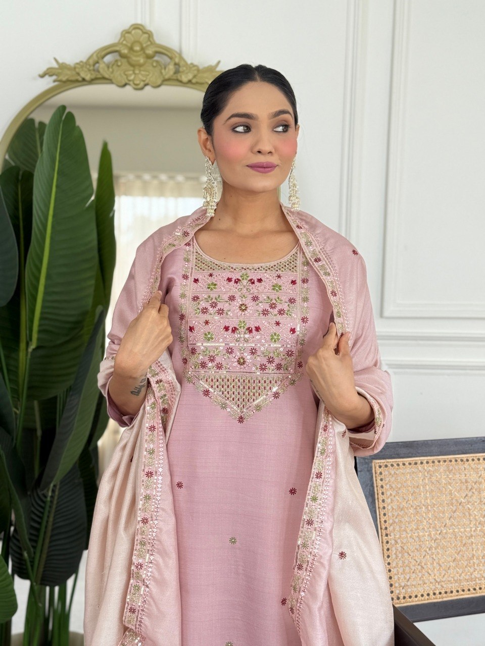 Stylish PV Chanderi Embroidered Kurta Pant Set with Silk Dupatta for Party Wear - Fully Stitched