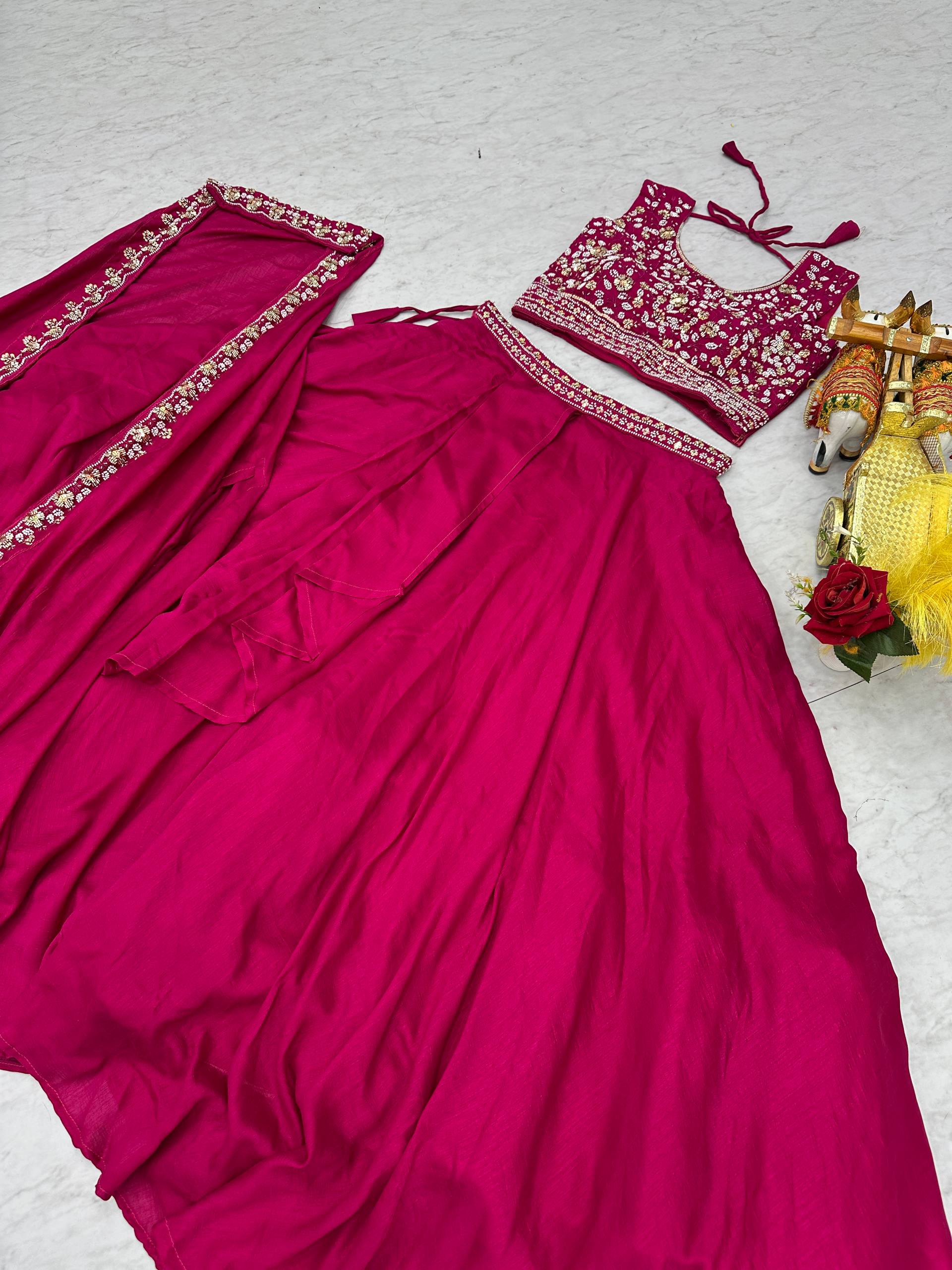Wedding Special Pure Vichitra Silk Lehenga Choli with Shrug Style Dupatta - Fully Stitched