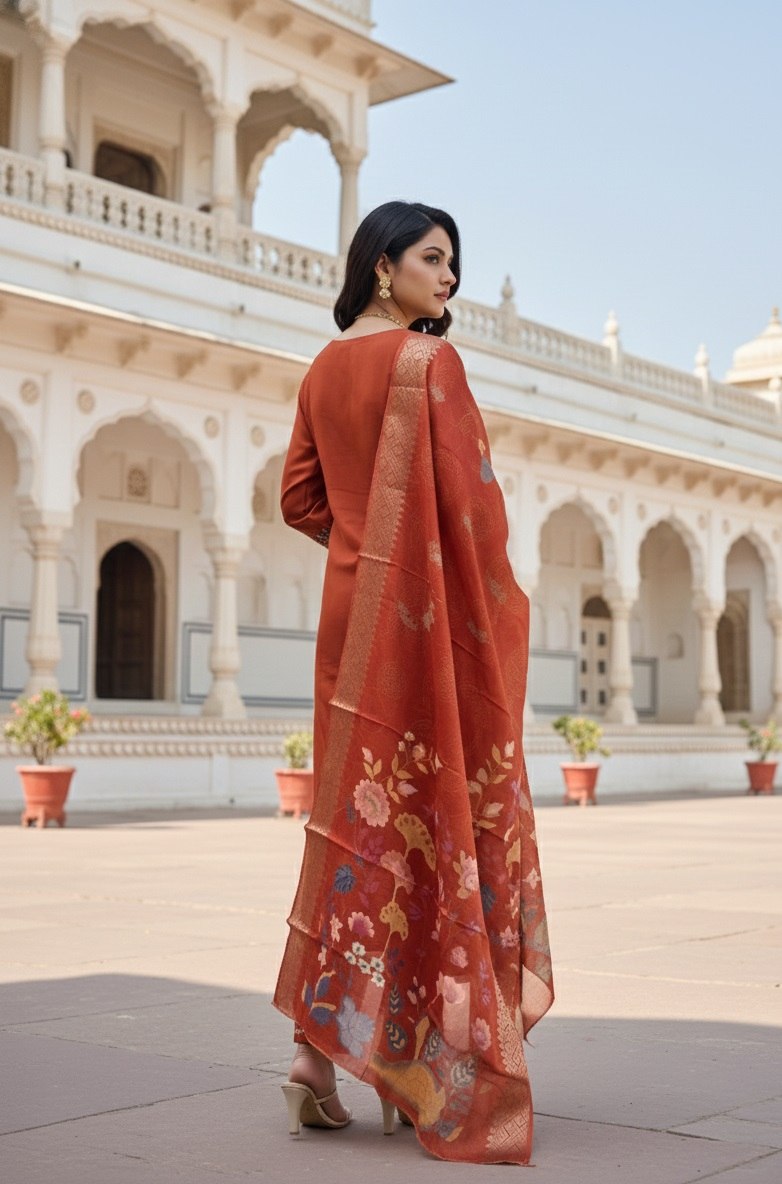 Designer Cotton Silk Embroidered Kurti Pant Set with Digital Print Dupatta - Fully Stitched