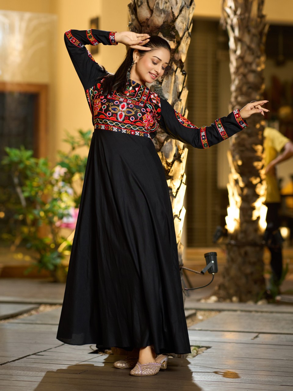 Navratri Special Black Embroidered Rayon Gown with Original Mirror Work