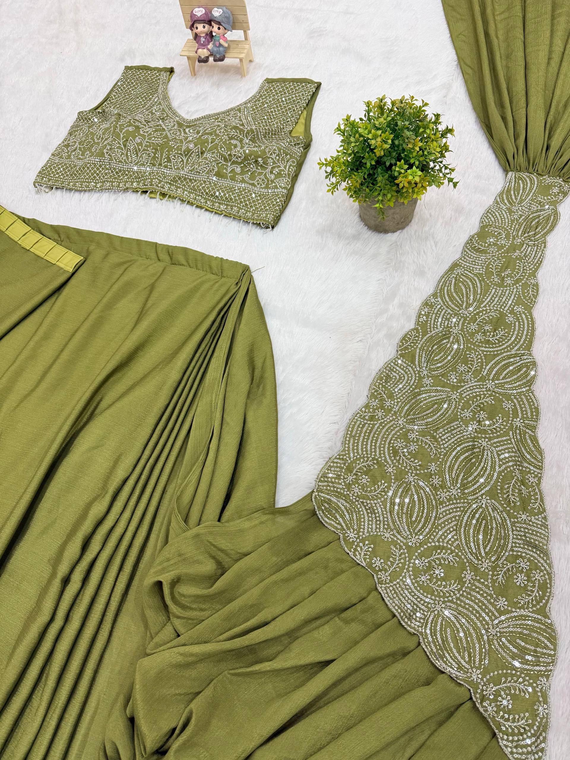 Superhit Trending Chinon Ready to Wear Saree with Fully Embroidered Stylish Blouse - Fully Stitched