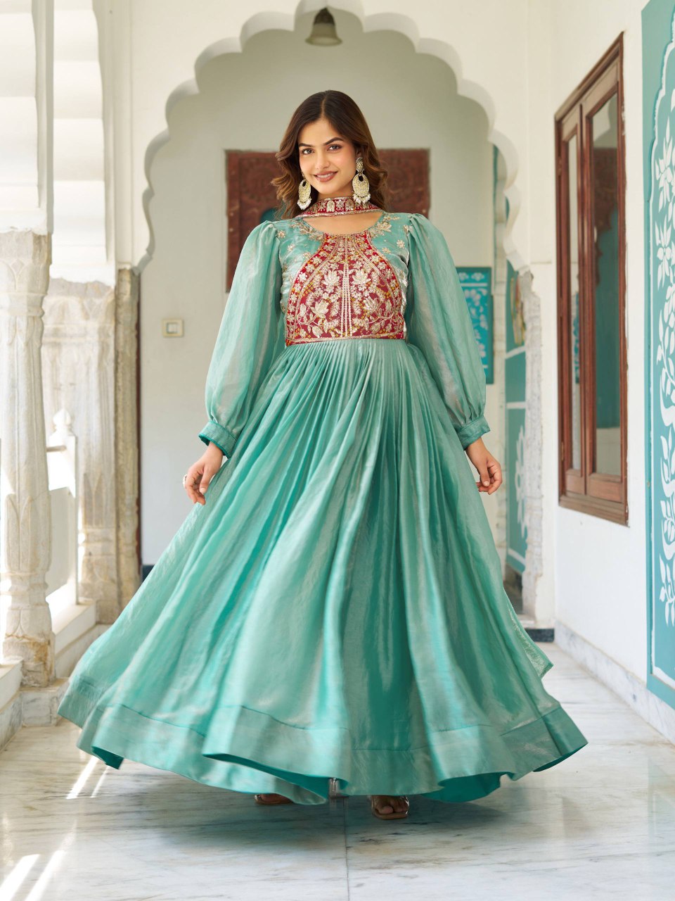 Festival Collection Fendy Silk Long Gown with Heavy Sequence and Thread Embroidery Work - Fully Stitched