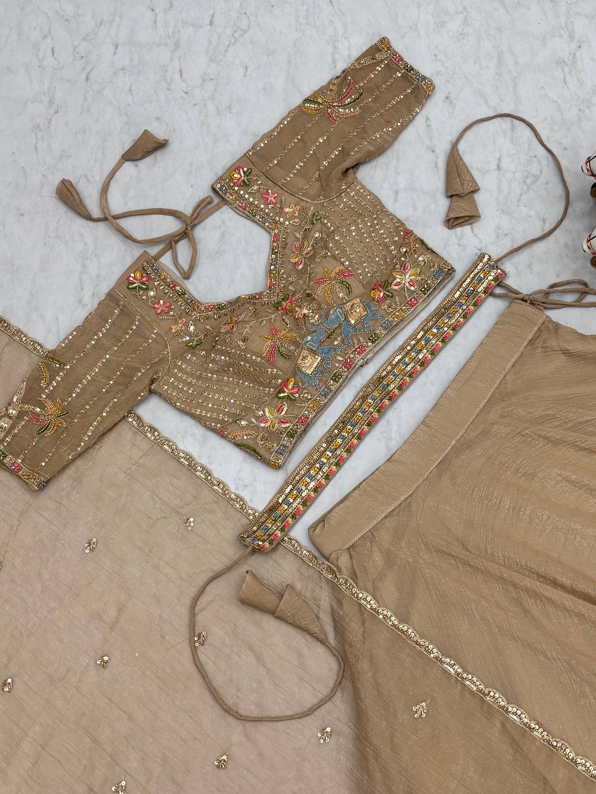 Bridal Wedding Crunchy Lehenga Choli with Heavy Embroidery and 9 Meter Flair - Fully Stitched