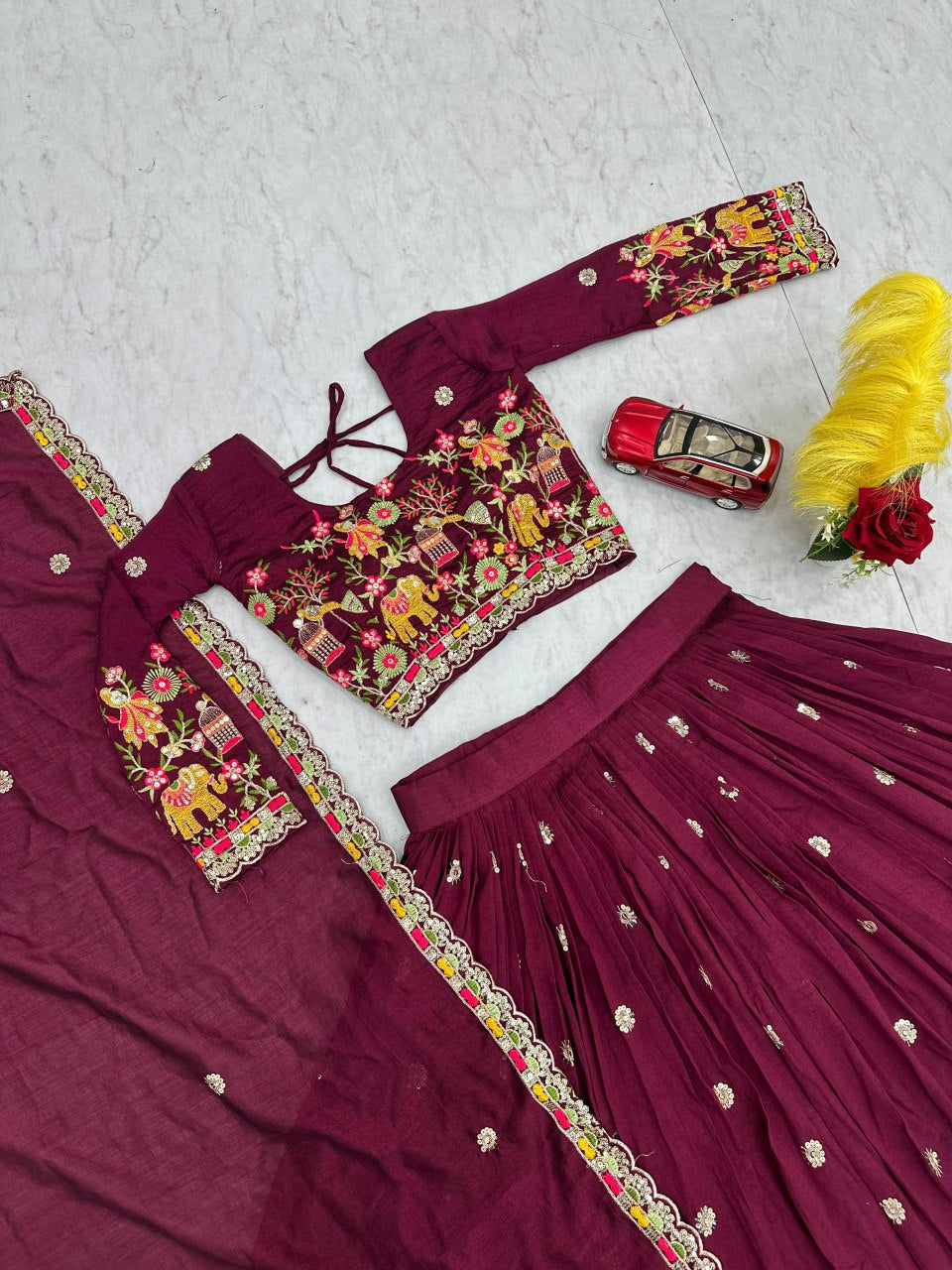 Designer Chinon Lehenga Choli with Embroidery Coding Thread Work - Fully Stitched