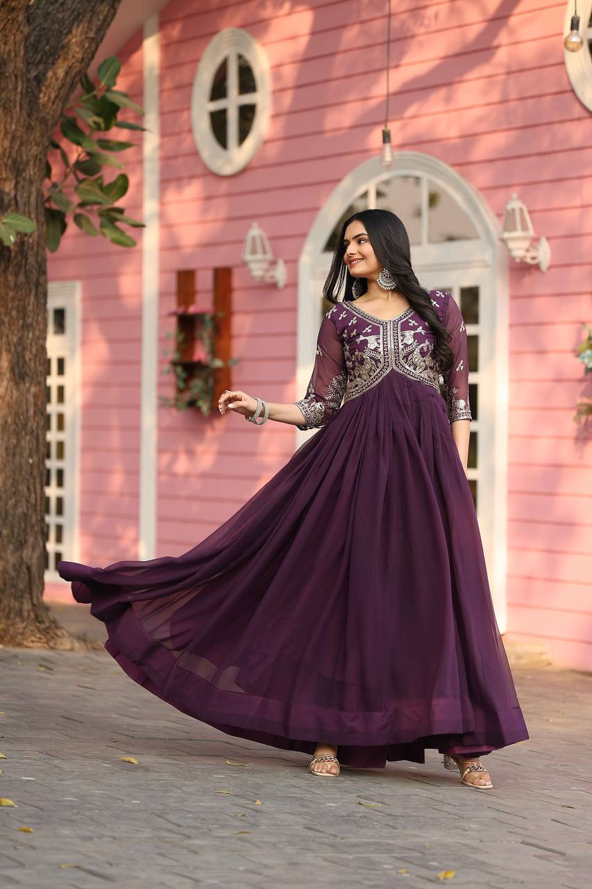 New Festival Collection Fox Georgette Long Gown with Heavy 3MM Sequence Work - Fully Stitched