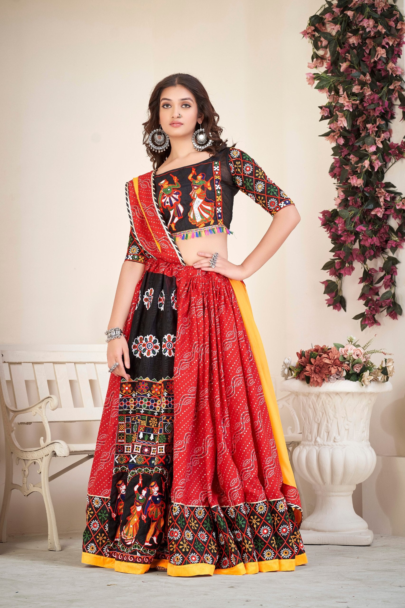 Navratri Special Red Bandhani Chaniya Choli with Mirror Work