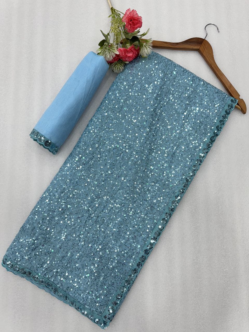 Bollywood Alia Bhatt Inspired Faux Georgette Sequins Embroidered Designer Saree