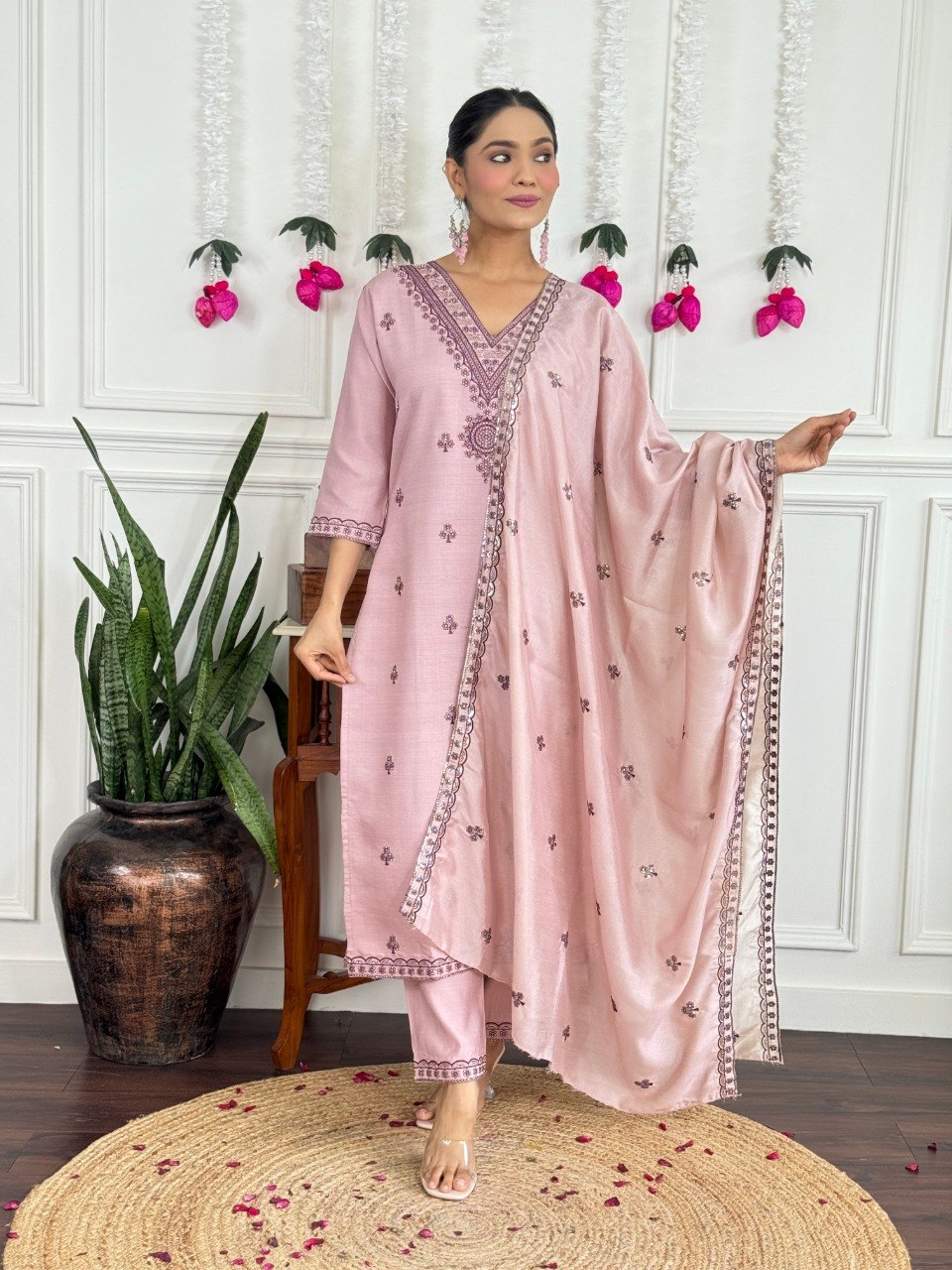Stylish PV Chanderi Embroidered Kurta Pant Set with Silk Dupatta for Party Wear - Fully Stitched