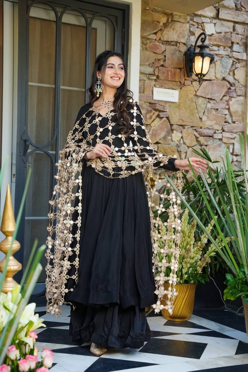 Premium Roman Silk Kurti Set for Women | Designer Handwork Kurti with Palazzo & Real Mirror Work Dupatta | Wedding, Festive & Party Wear Collection (K)1007