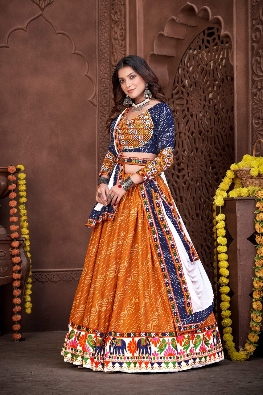 Navratri Special Blue & Mustard Bandhani Chaniya Choli with Embroidered Dupatta