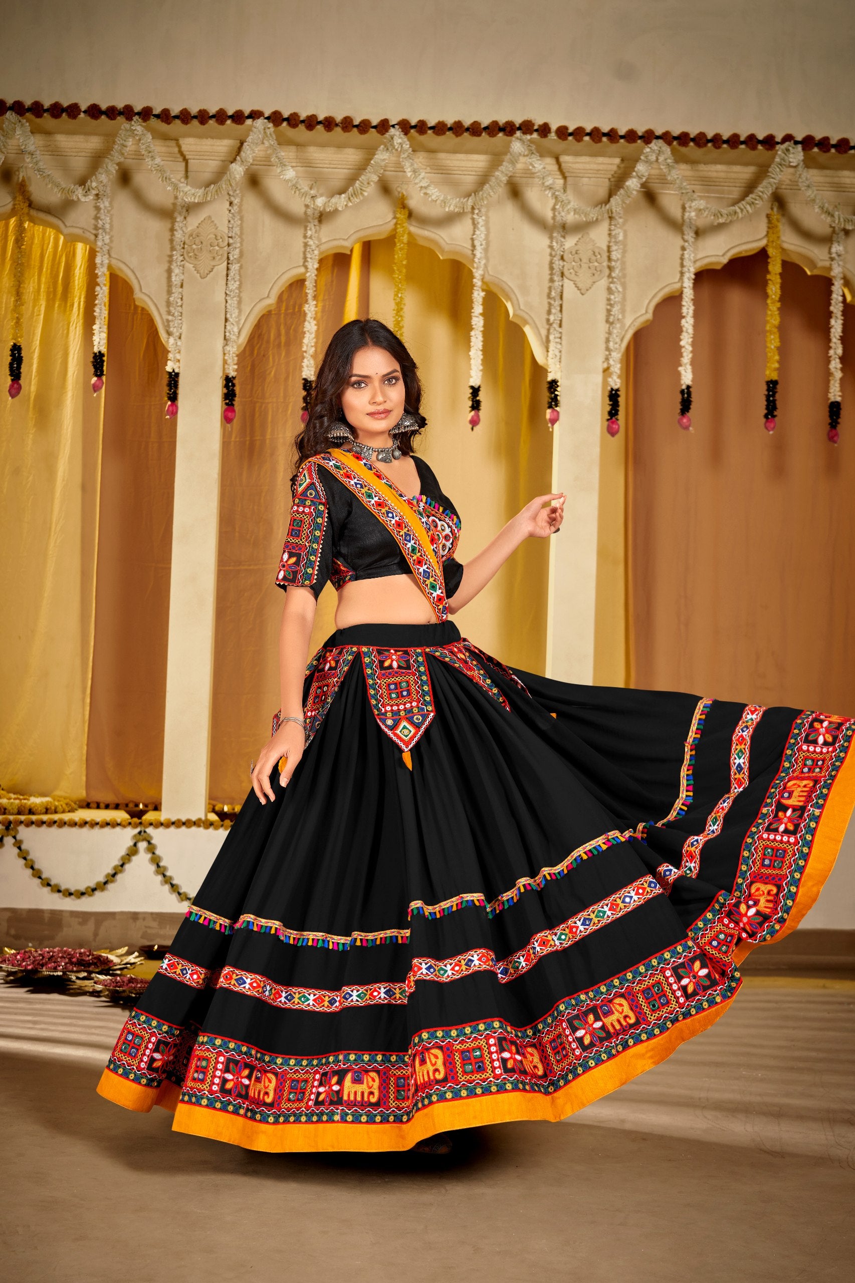 Navratri Special Black Georgette Chaniya Choli with Kutchi Embroidery and Mirror Work