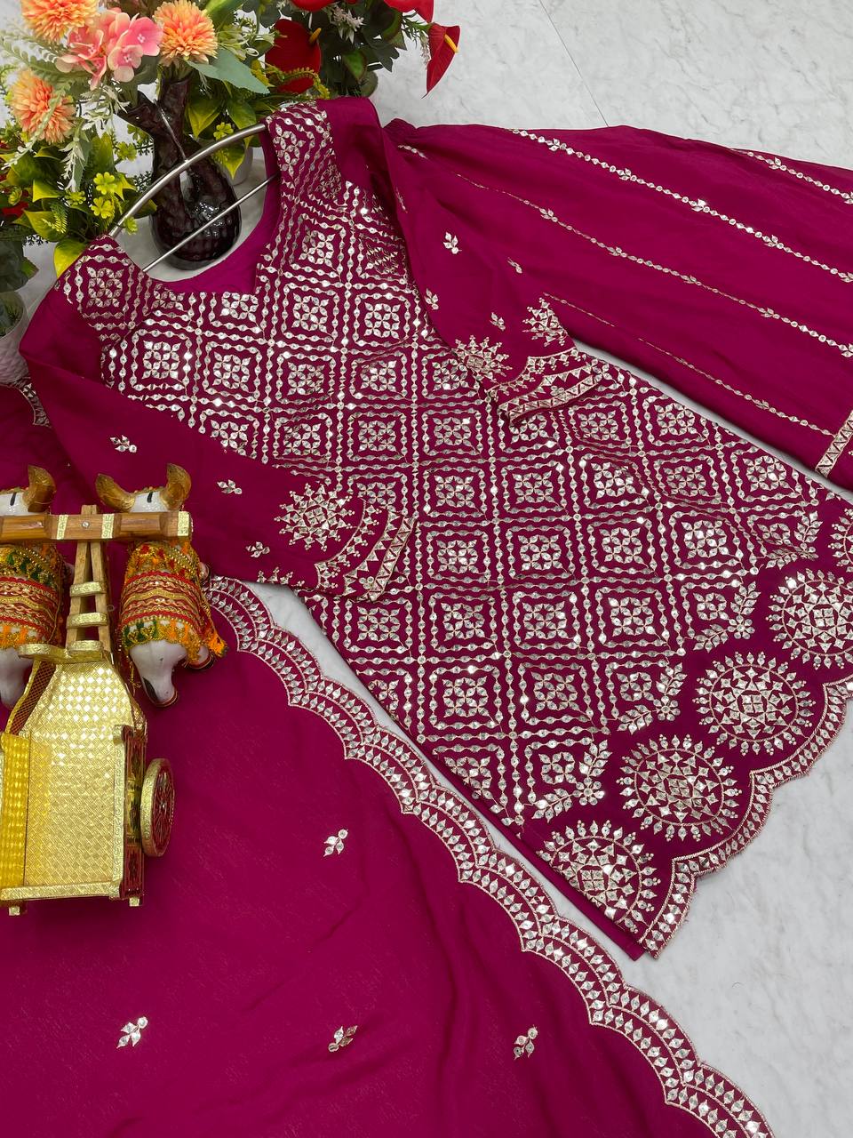 Designer Party Wear Chinon Kurti Palazzo Set with Embroidery Sequence Work- Fully Stitched