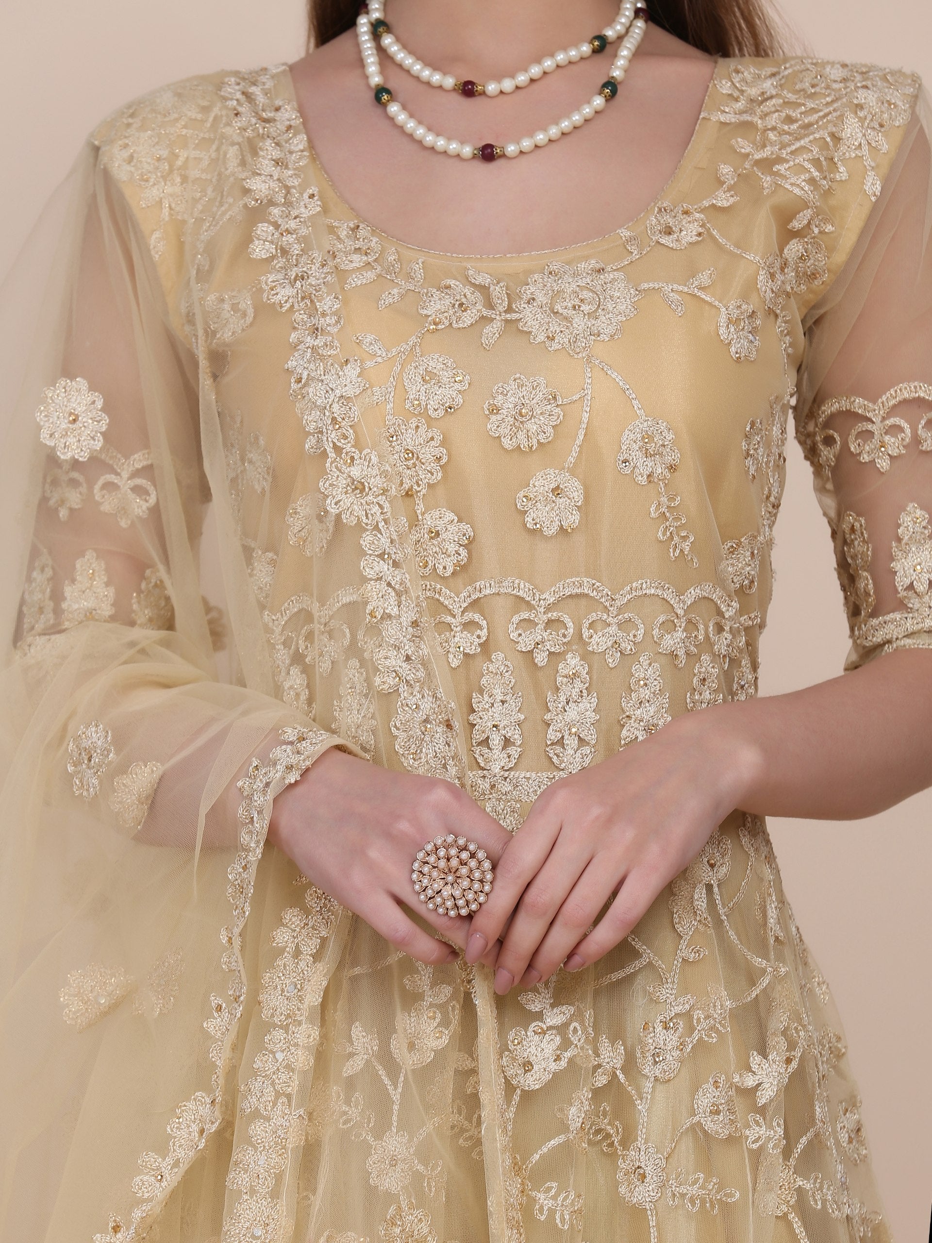 Wedding Wear Cream Net Anarkali Suit Set with Embroidered Dupatta