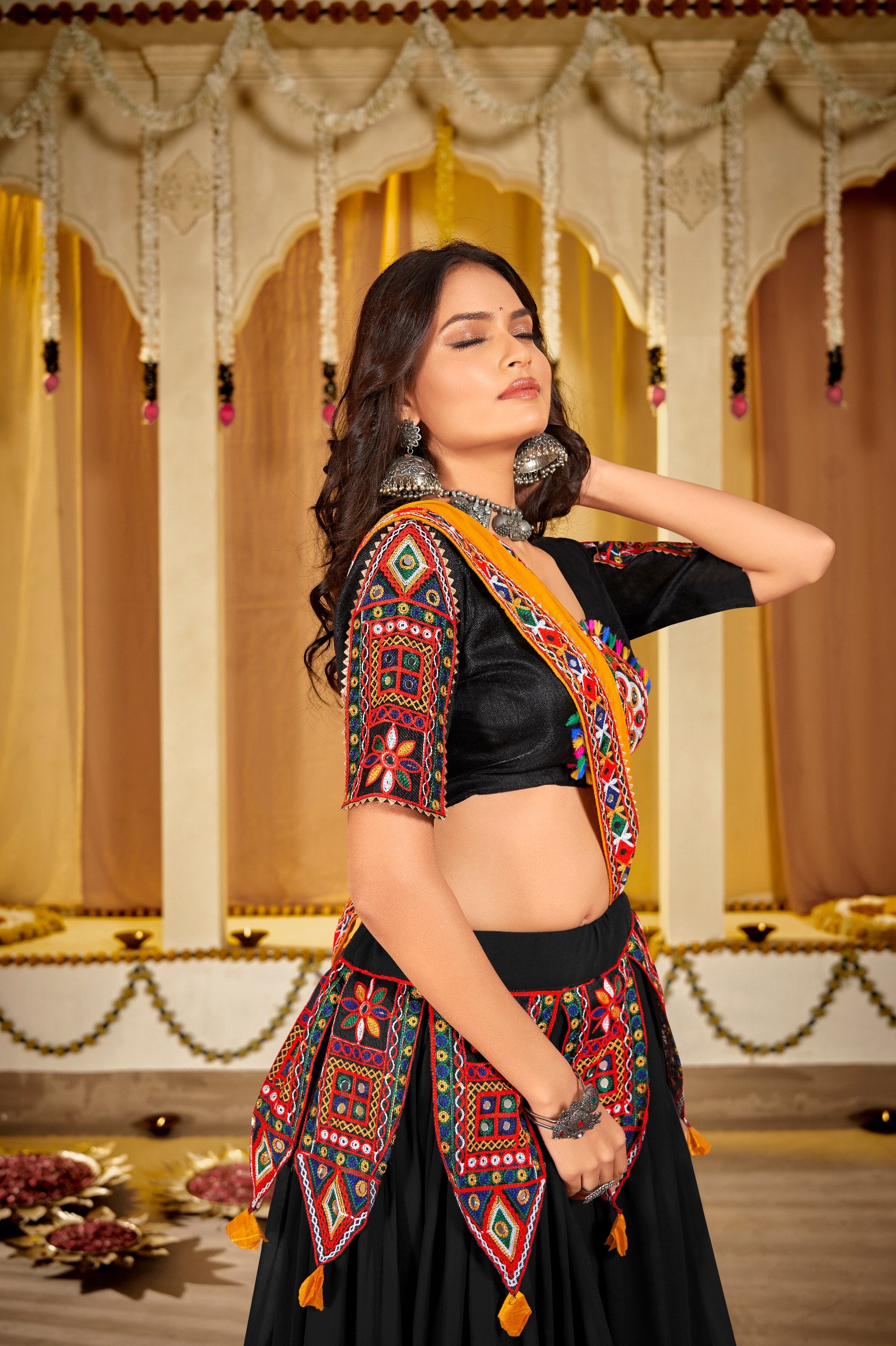 Navratri Special Black Georgette Chaniya Choli with Kutchi Embroidery and Mirror Work