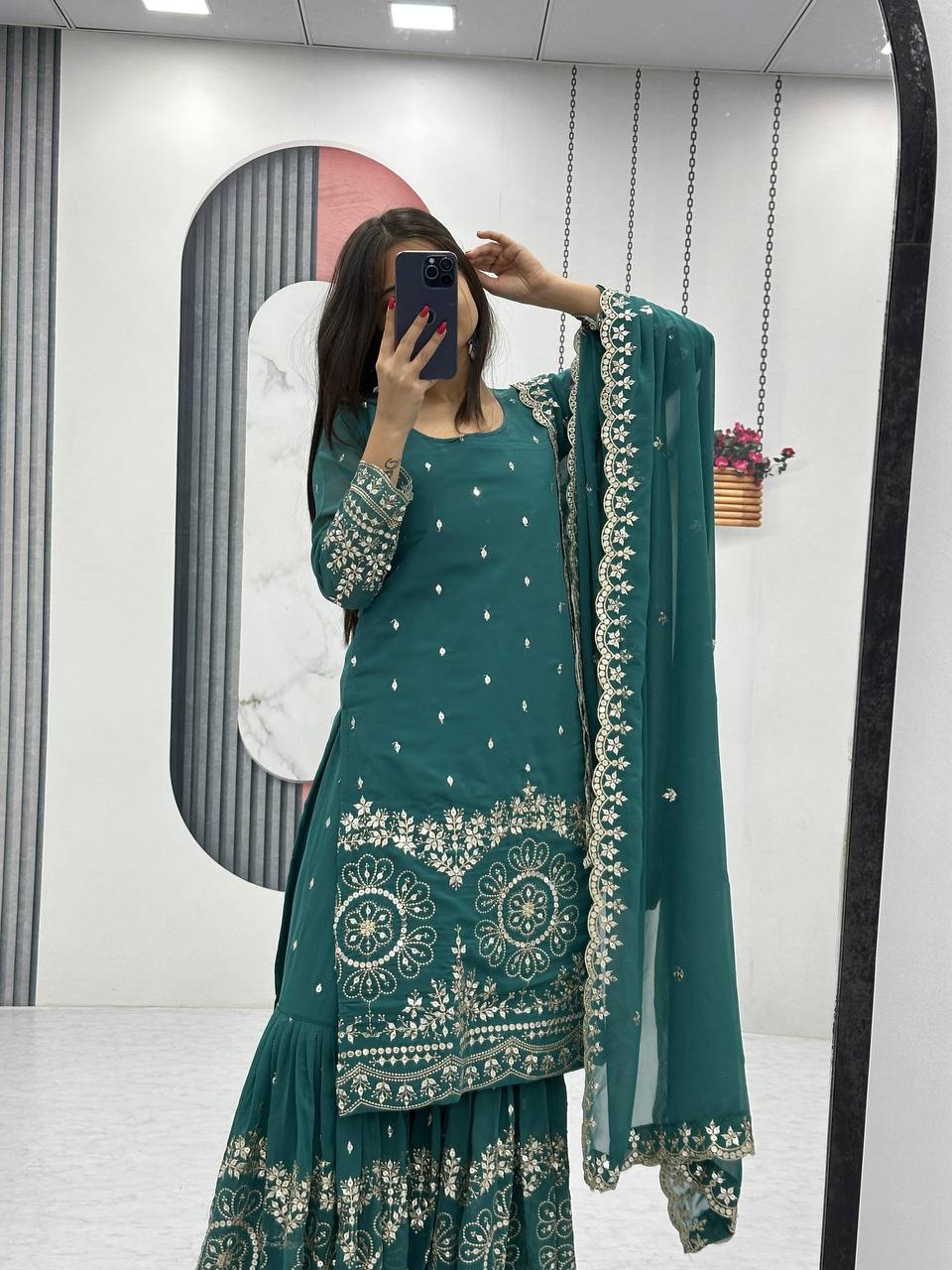 Designer Party Wear Embroidered Sharara Suit Set with Heavy Sequence Work - Fully Stitched