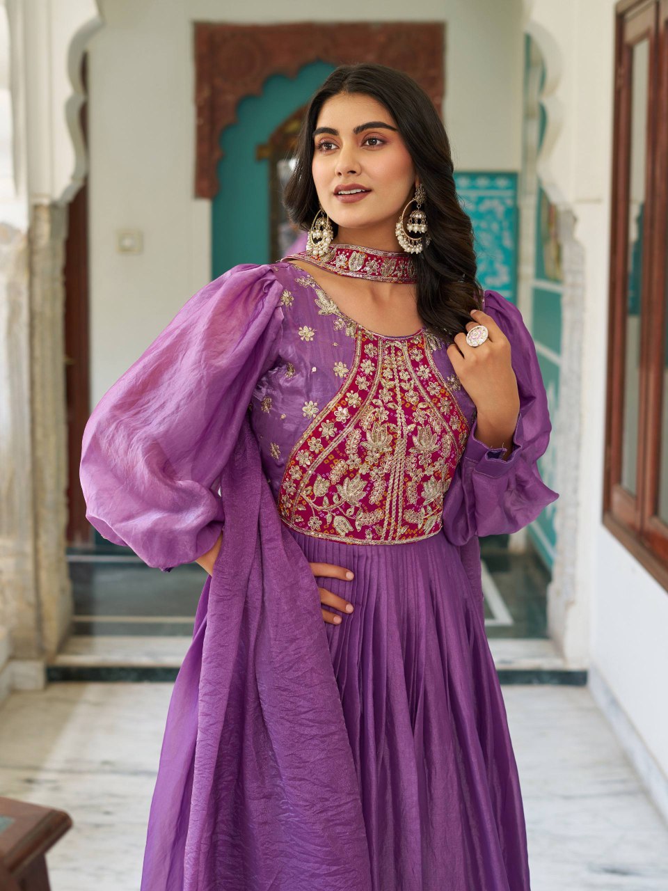 Festival Collection Fendy Silk Long Gown with Heavy Sequence and Thread Embroidery Work - Fully Stitched