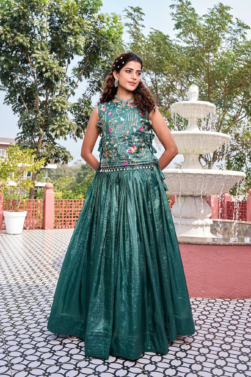 Wedding Collection Pure Gold Crush Lehenga Choli with Embroidered Shrug - Fully Stitched