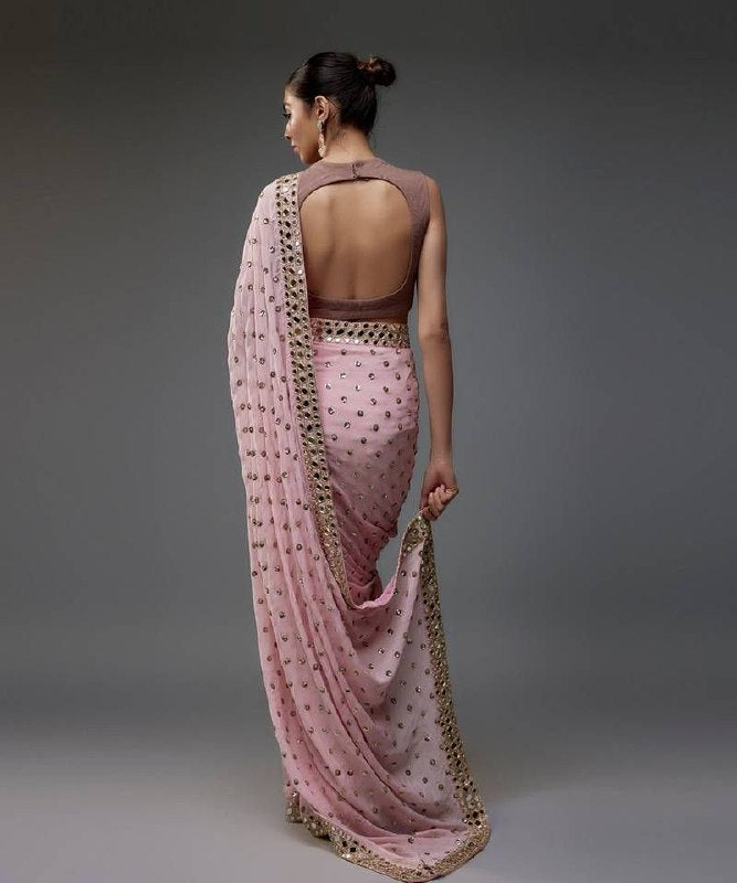 Trending Bollywood Blockbuster Faux Georgette Sequins Designer Saree with Mirror Work Border