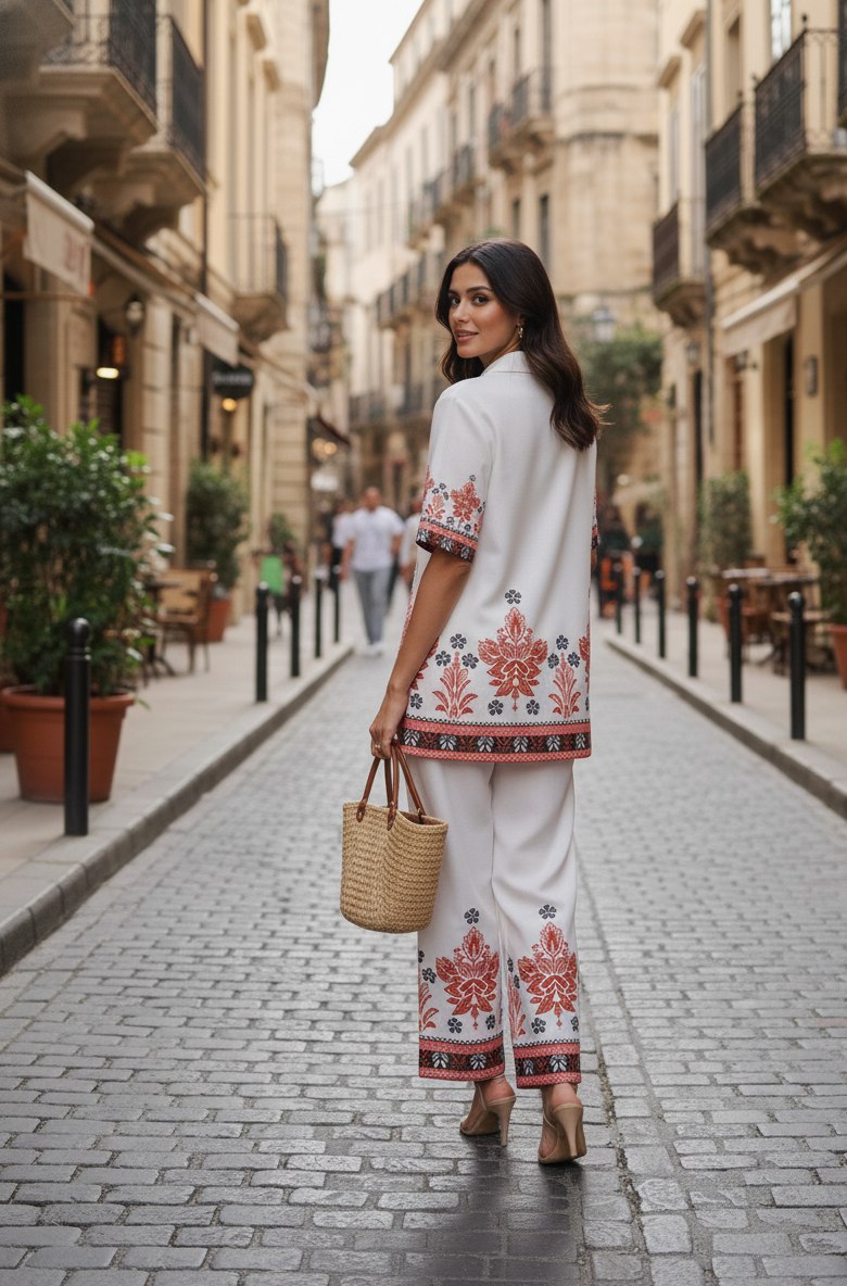 Women's Cotton Silk Digital Printed Co-Ord Set with V-Neck Top and Pant - Fully Stitched
