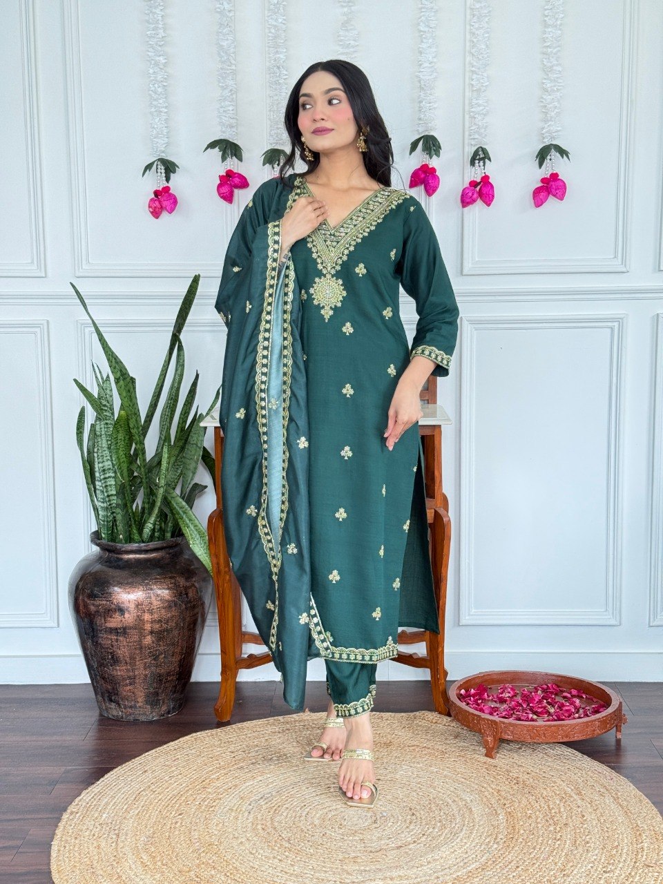 Stylish PV Chanderi Embroidered Kurta Pant Set with Silk Dupatta for Party Wear - Fully Stitched