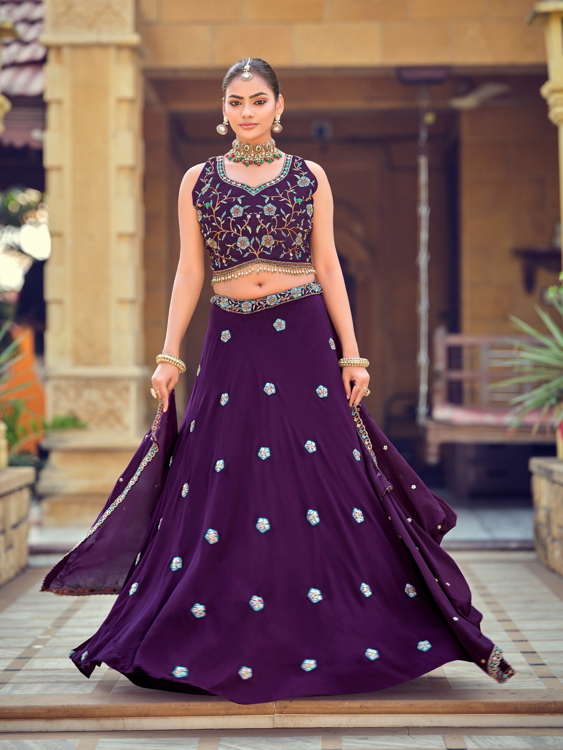 Royal Purple Georgette Lehenga Choli with Embroidered Beads Work and Designer Dupatta