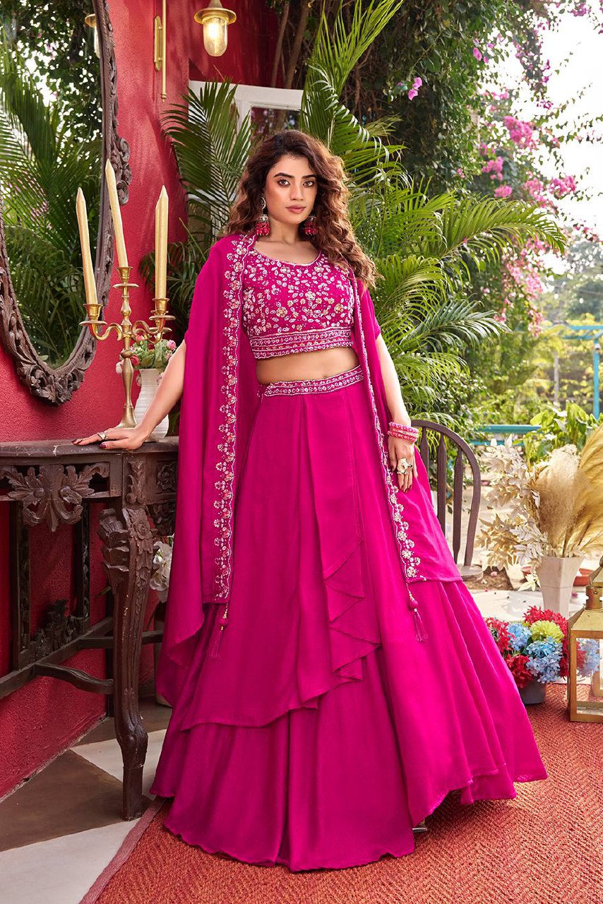 Wedding Special Pure Vichitra Silk Lehenga Choli with Shrug Style Dupatta - Fully Stitched