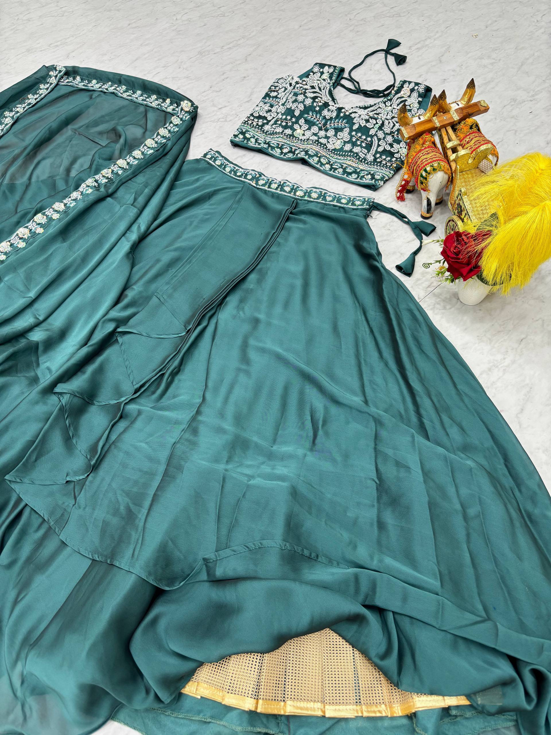 Wedding Special Pure Rangoli Silk Lehenga Choli with Shrug Style Dupatta - Fully Stitched