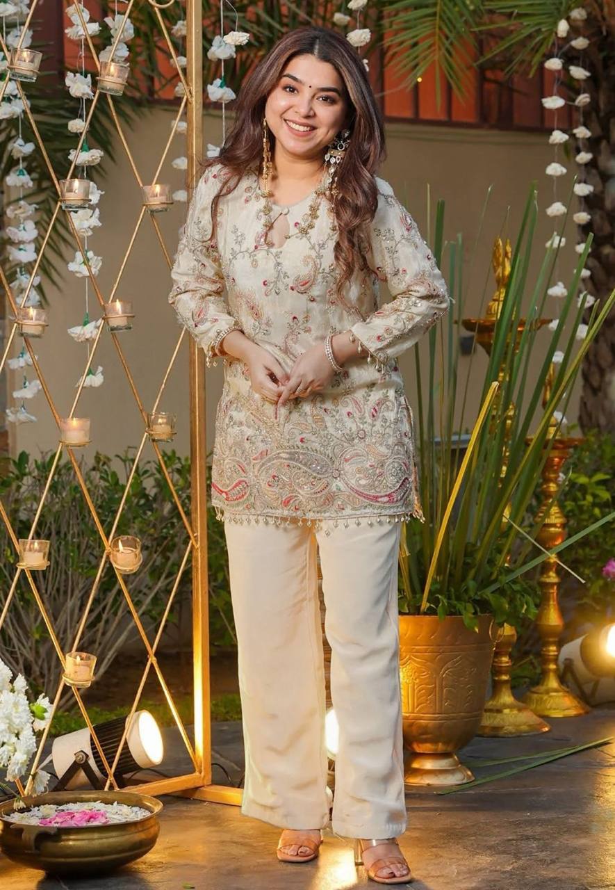 Designer Silk Embroidered Top & Pant Co-Ord Set for Women | Party Wear Ethnic Outfit