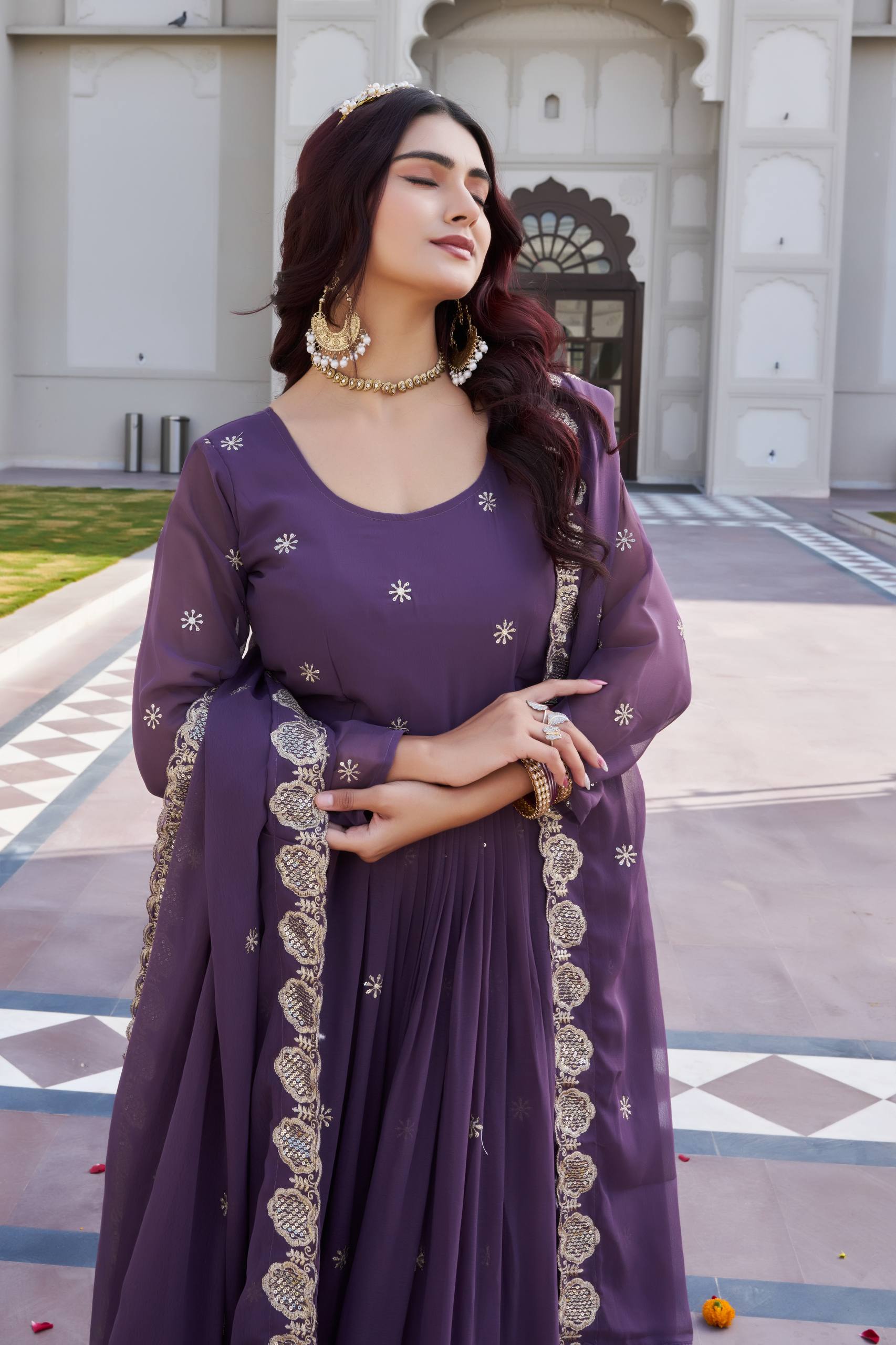 Festival Collection Fox Georgette Long Gown with Heavy Sequence Embroidery Work - Fully Stitched