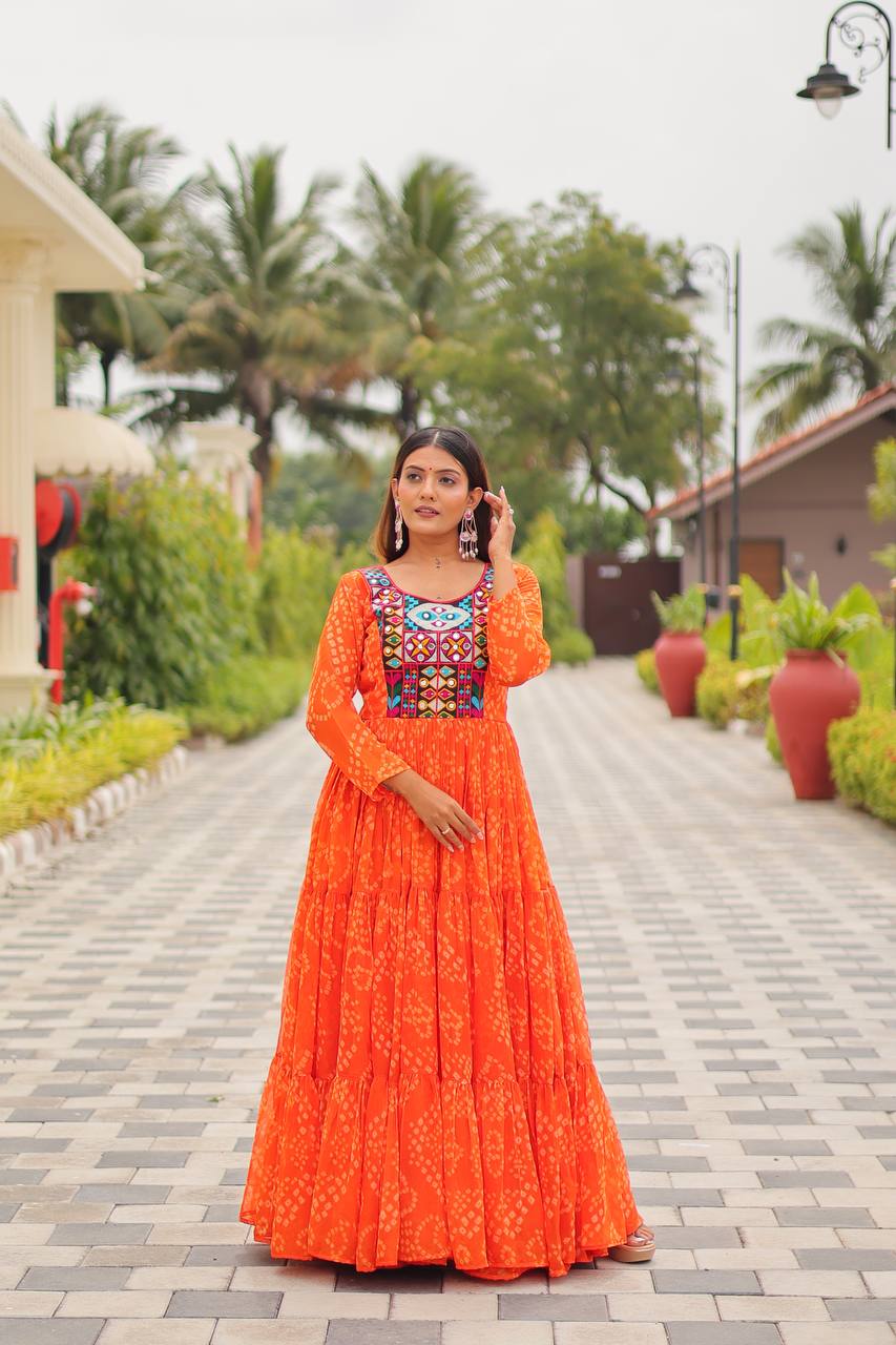 Navratri Special Faux Georgette Gown with Embroidery Thread Work and Real Mirror - Fully Stitched