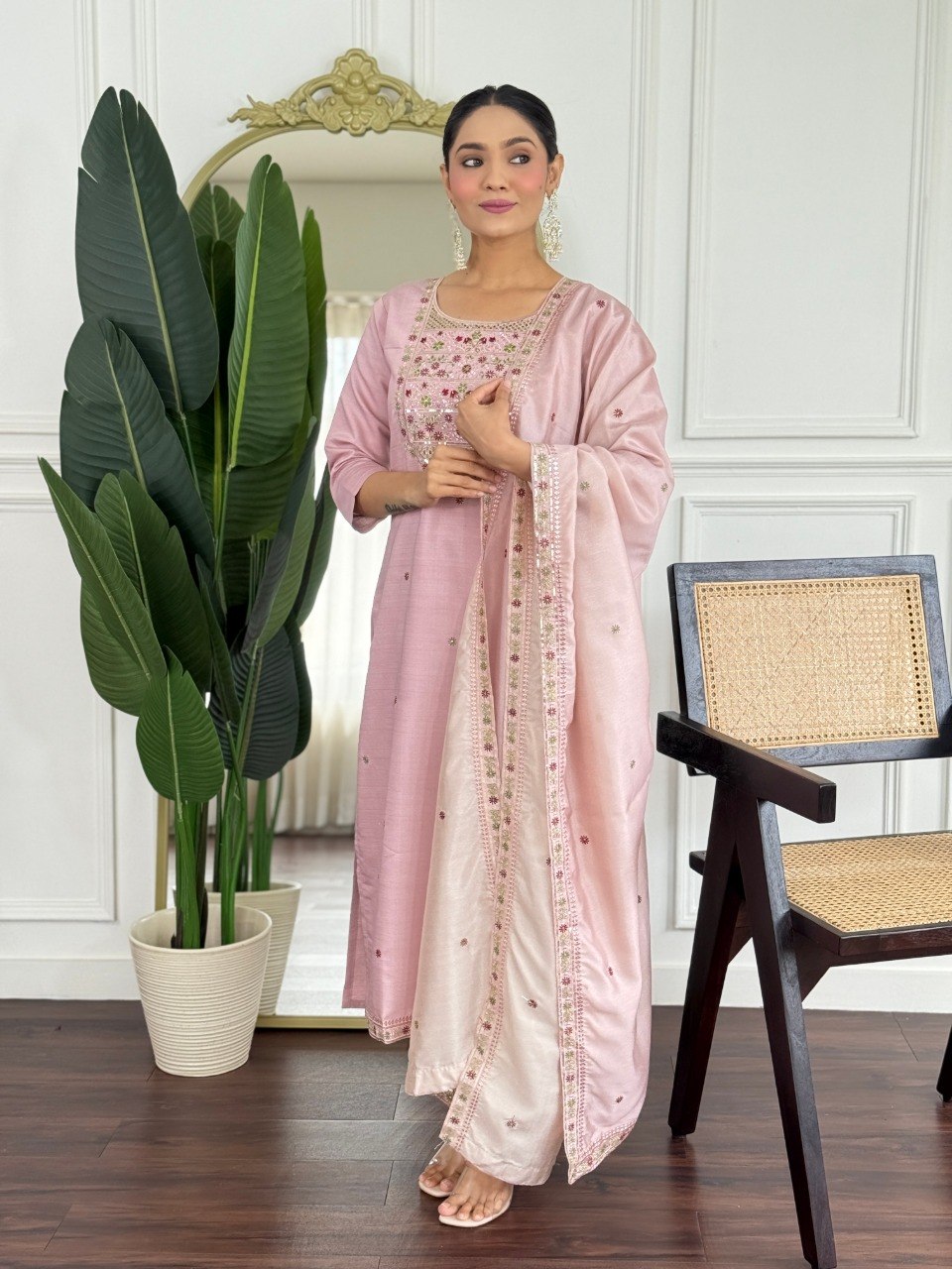 Stylish PV Chanderi Embroidered Kurta Pant Set with Silk Dupatta for Party Wear - Fully Stitched