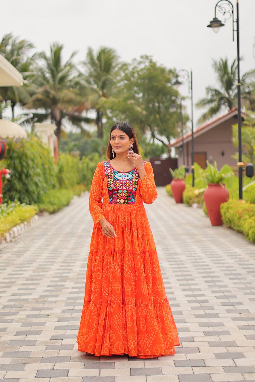 Navratri Special Faux Georgette Gown with Embroidery Thread Work and Real Mirror - Fully Stitched