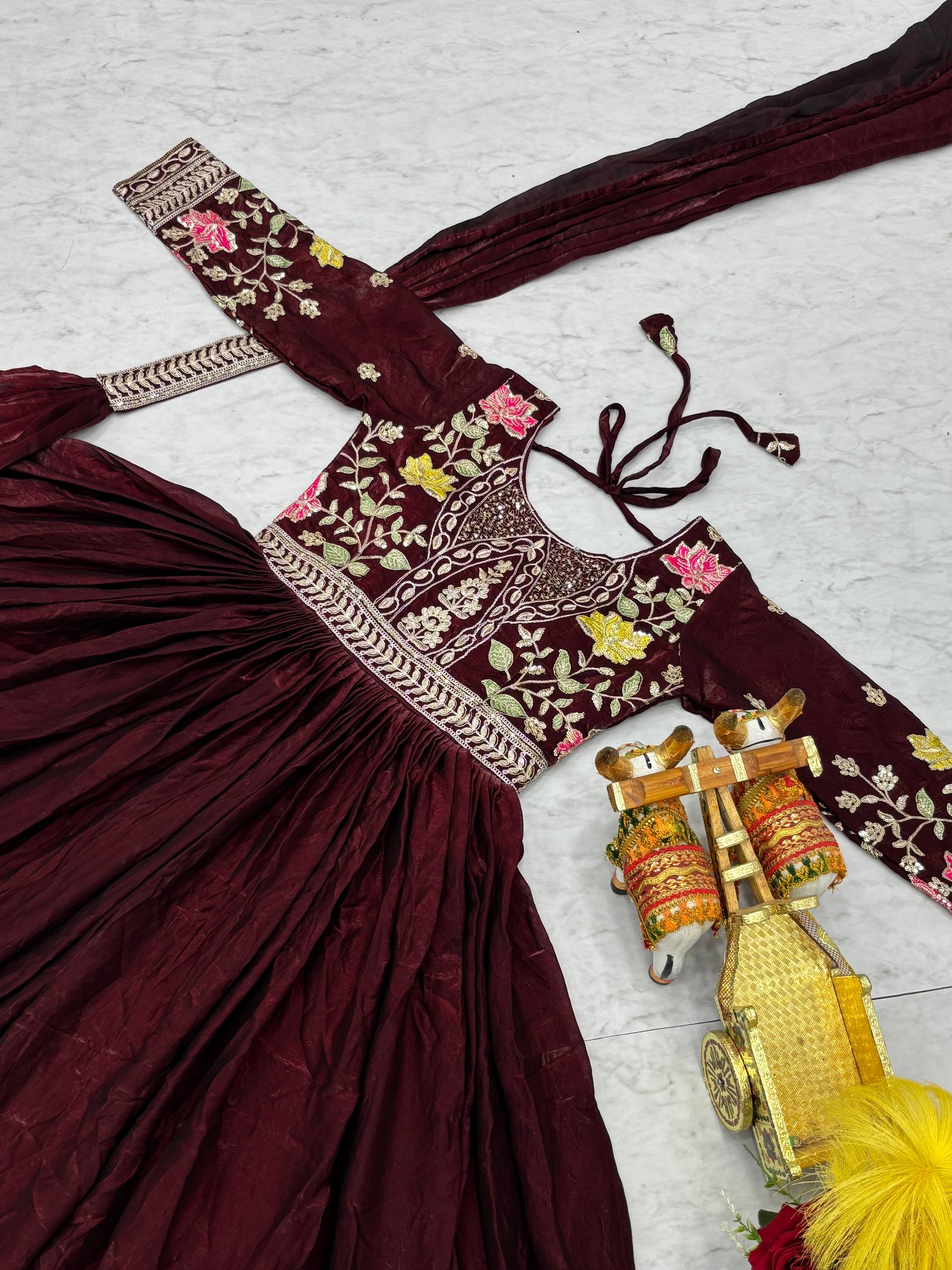 Festival Collection Fendy Silk Long Gown with Heavy Cording Sequence and Thread Embroidery Work - Fully Stitched