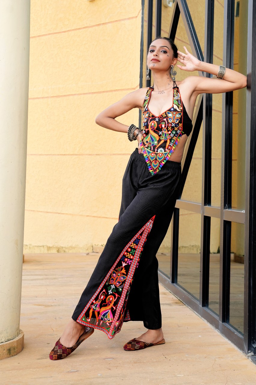 Navratri Special Black Embroidered Kurti Pant Set with Original Mirror Work- Fully Stitched