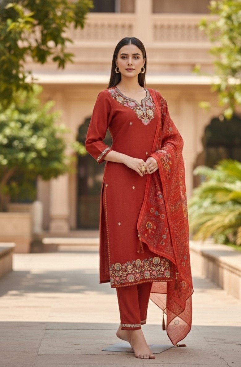 Designer Orange Embroidered Cotton Silk Kurti Pant Set with Digital Print Dupatta - Fully Stitched