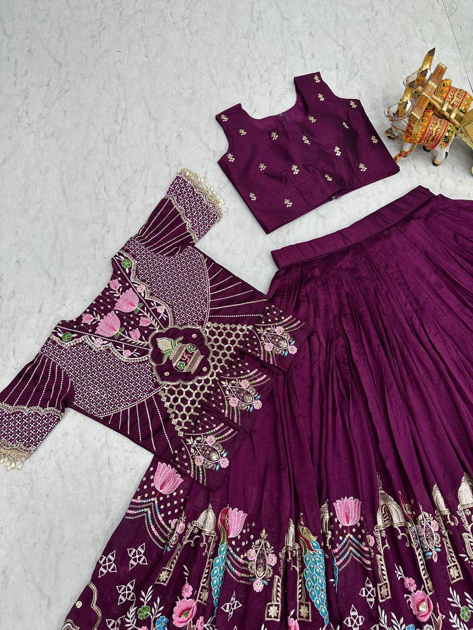 Festival Collection Pure Vichitra Lehenga Choli with Embroidered Koti - Fully Stitched