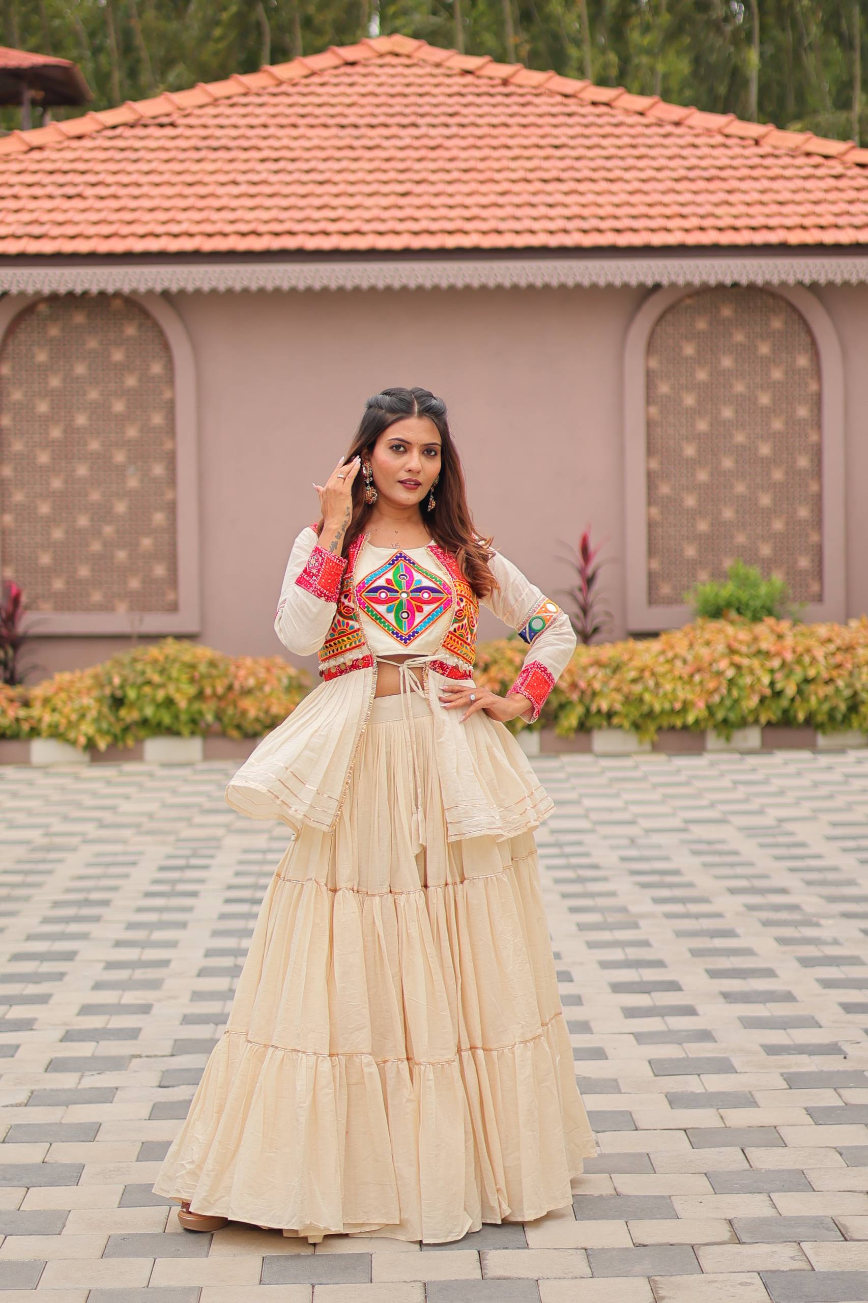 Navratri Special Pure Cotton Gamathi Work Lehenga Choli with Koti - Fully Stitched