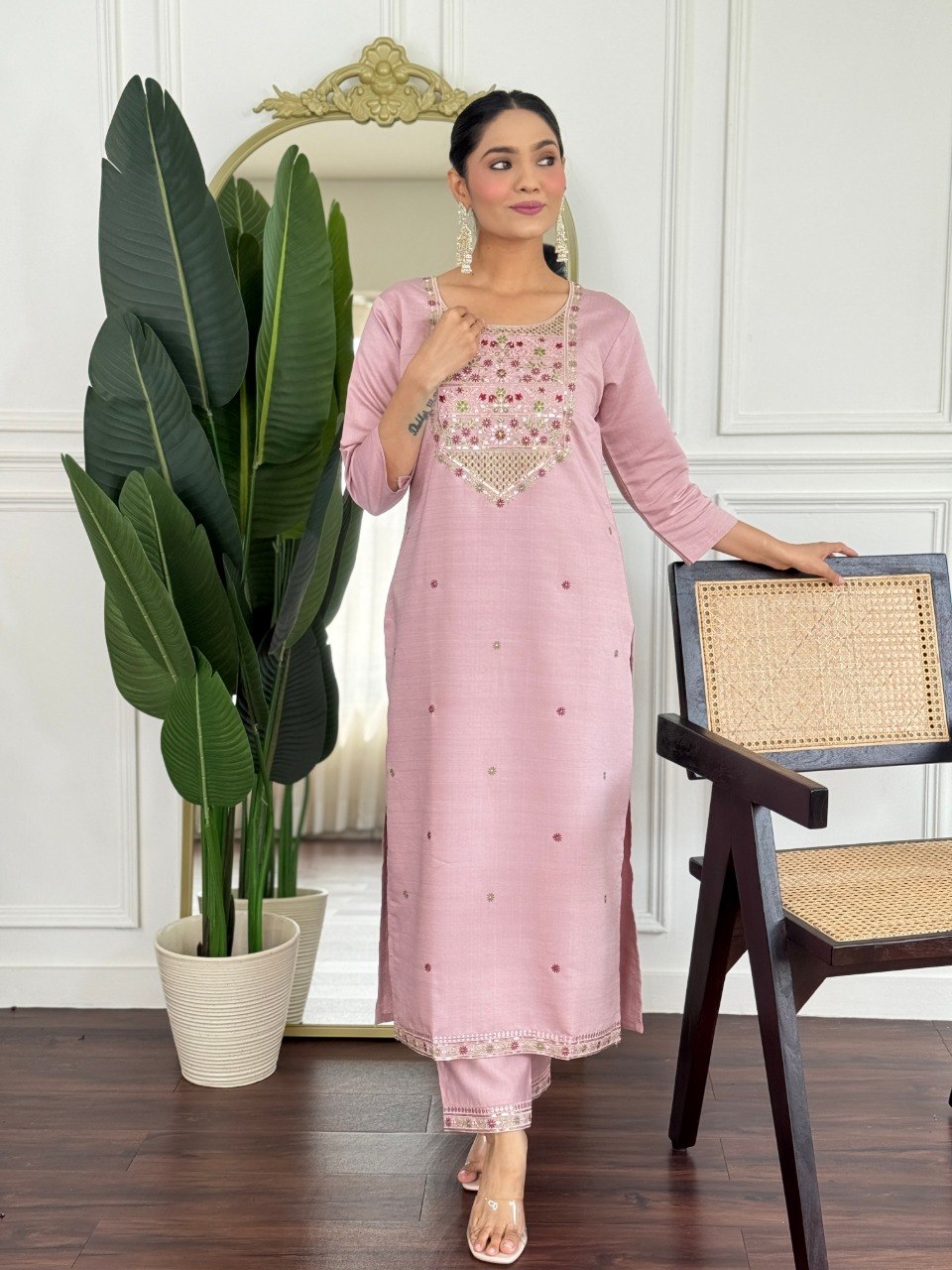 Stylish PV Chanderi Embroidered Kurta Pant Set with Silk Dupatta for Party Wear - Fully Stitched