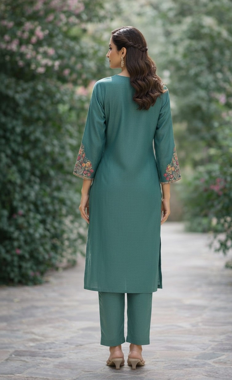Designer Cotton Silk Embroidered Kurti Pant Set with Dupatta - Fully Stitched