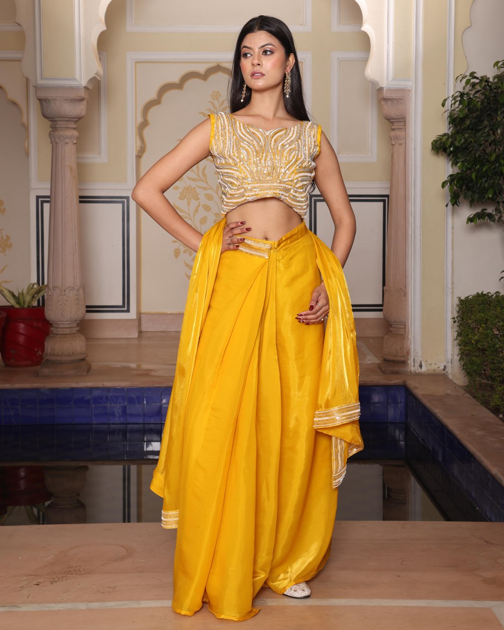 Premium Yellow Silk Indo-Western Drape Skirt Set with Heavy Hand Embroidery - Fully Stitched