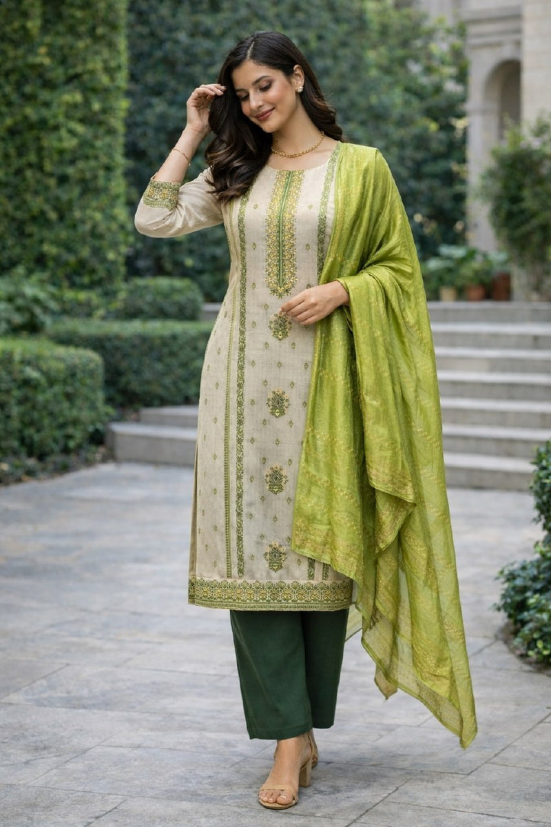 Designer Embroidered Kurta Pant Set with Printed Dupatta Perfect For Wedding Function