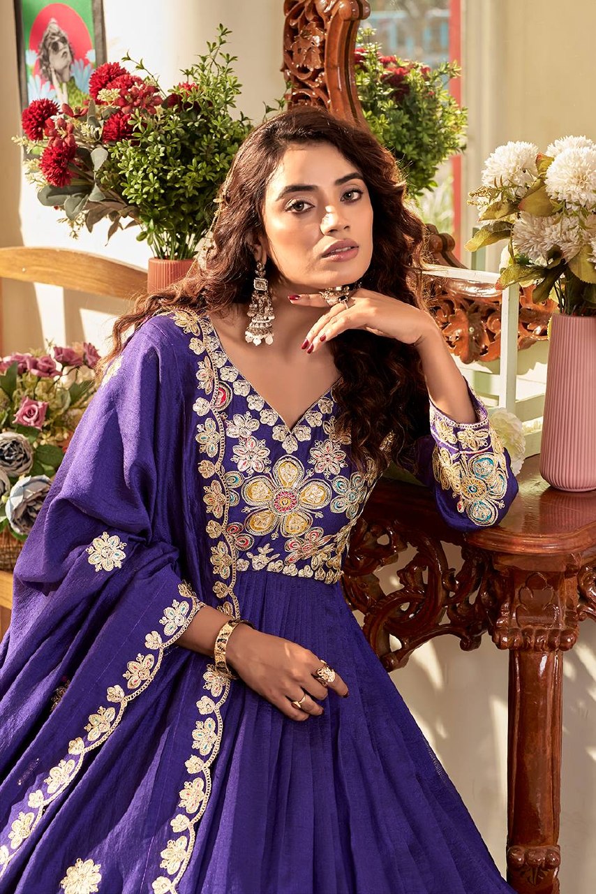 Festival Collection Vichitra Long Gown with Heavy Cording Sequence Embroidery Dupatta - Fully Stitched