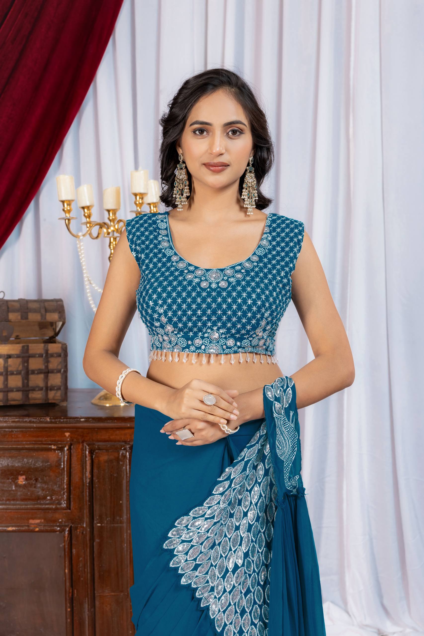 Superhit Trending Faux Georgette Ready to Wear Saree with Fully Embroidered Stylish Blouse - Fully Stitched