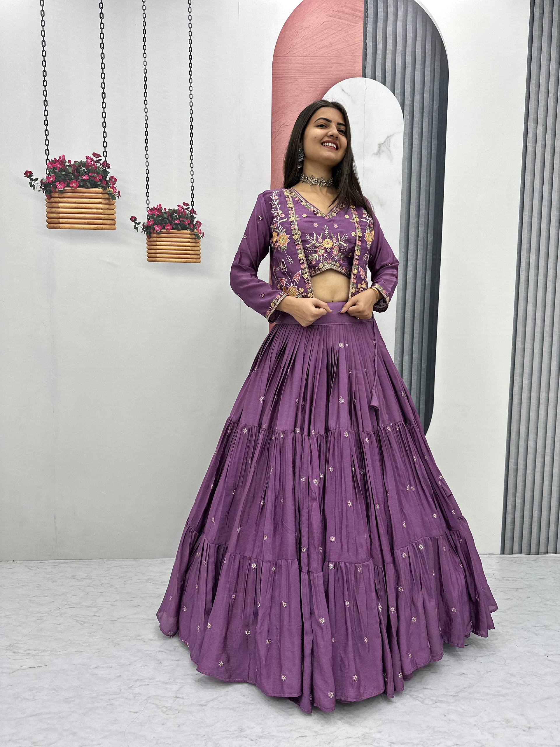 Festival Special Chinon Crop Top Lehenga with Embroidered Jacket - Fully Stitched