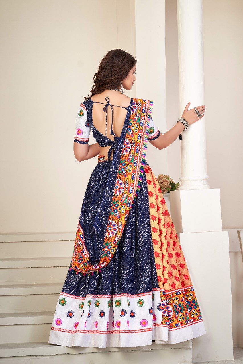 Navratri Special Blue Bandhani Chaniya Choli with Mirror Work and Silk Dupatta
