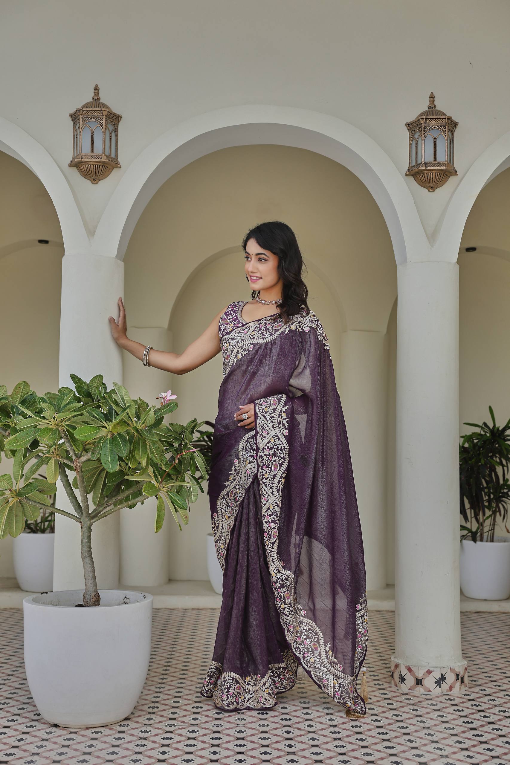 Festival Wedding Saree in Silver Crunchy Fabric with Heavy Thread and Sequence Embroidery Work
