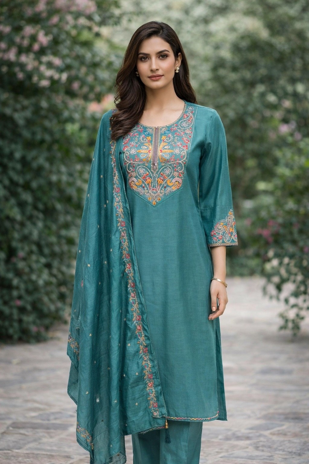 Designer Cotton Silk Embroidered Kurti Pant Set with Dupatta - Fully Stitched