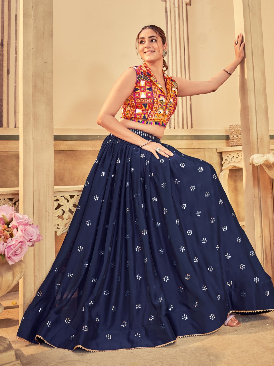Navratri Special Blue Rangoli Silk Chaniya Choli with Embroidered Lehenga